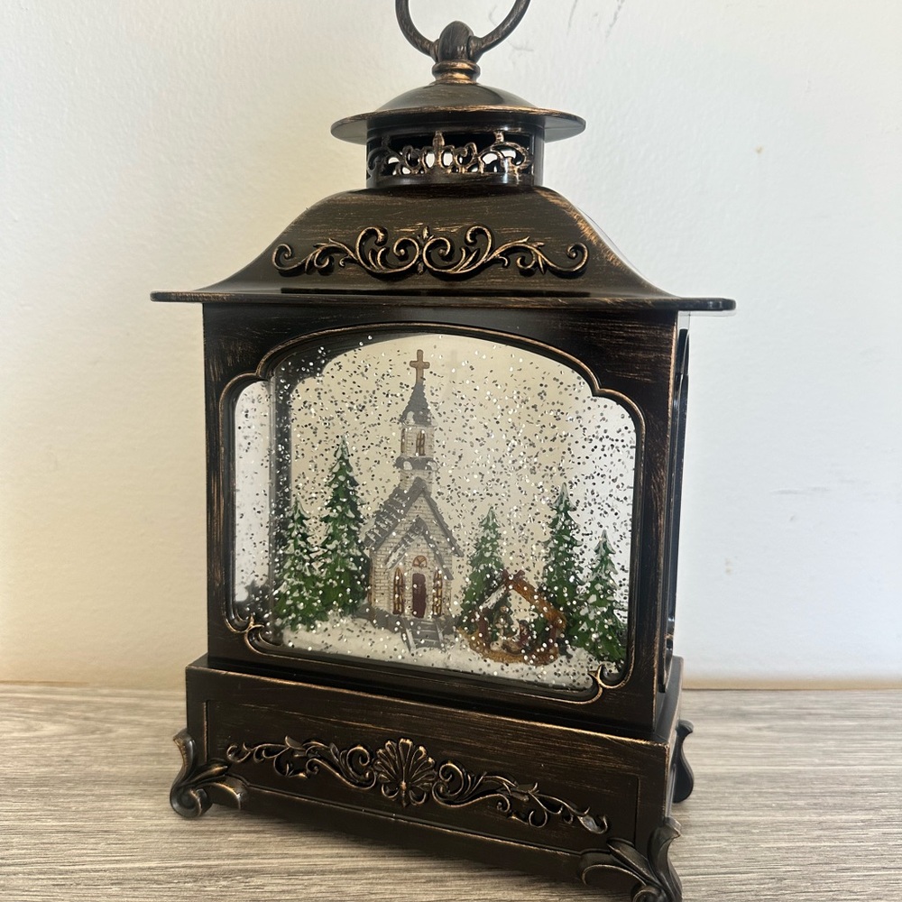 Elegant Bronze Holiday Lantern with Snowy Scene